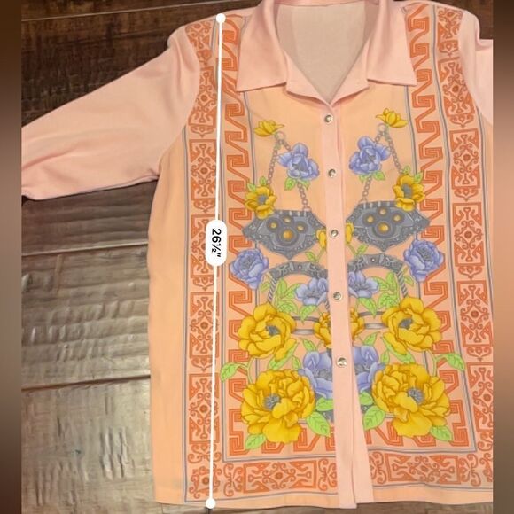 Vintage 70’s 80’s Pink Long Sleeve Button Down Knit Collared Floral Asian Shirt - Picture 9 of 11